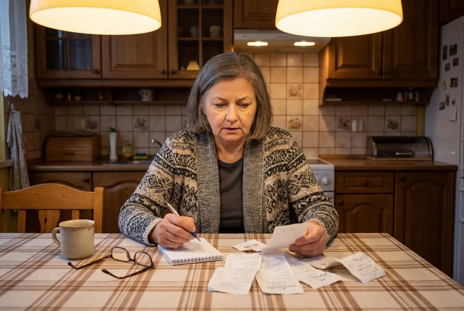 Vrouw aan de keukentafel die kosten berekent