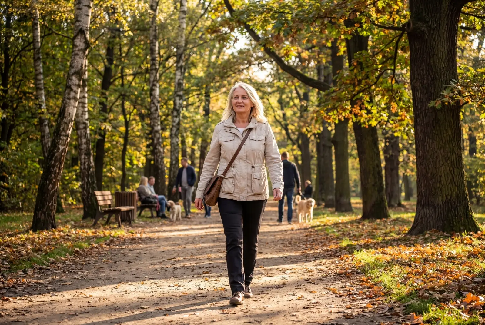 Vrouw die zelfverzekerd door een herfstpark wandelt