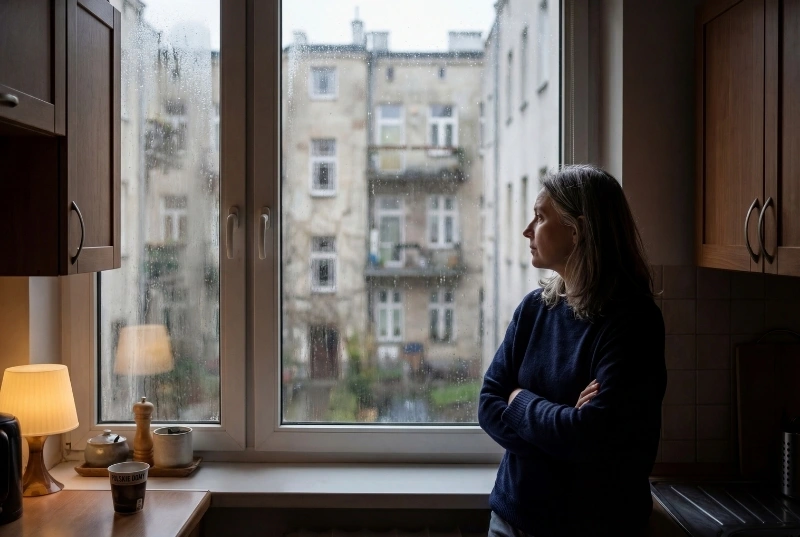 Vrouw die peinzend uit het raam kijkt